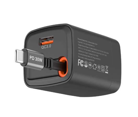 Cargador Somostel SMS-Q151 Cargador de 30 W con tecnología GaN y cable retráctil integrado TC-TC