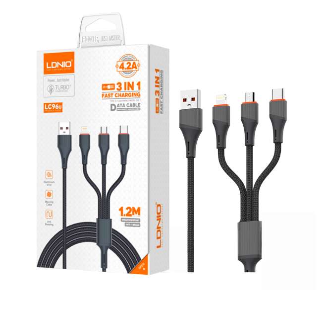 Cable LDNIO LC96U USB 1.2 metros 3 en 1 100W (V8-IPH-TC)