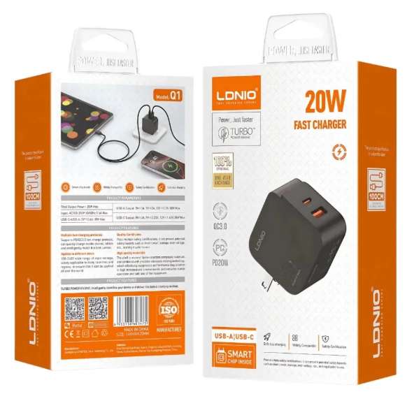 Cargador LDNIO Q1 Carga Rápida 20w 2 Puertos PD Usb-a Y Usb-c+ cable tipo C a C negro