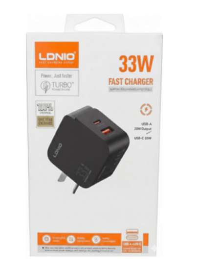 Cargador LDNIO Q2 33w 2 puertos PD + usb + cable tipo C-IPH negro
