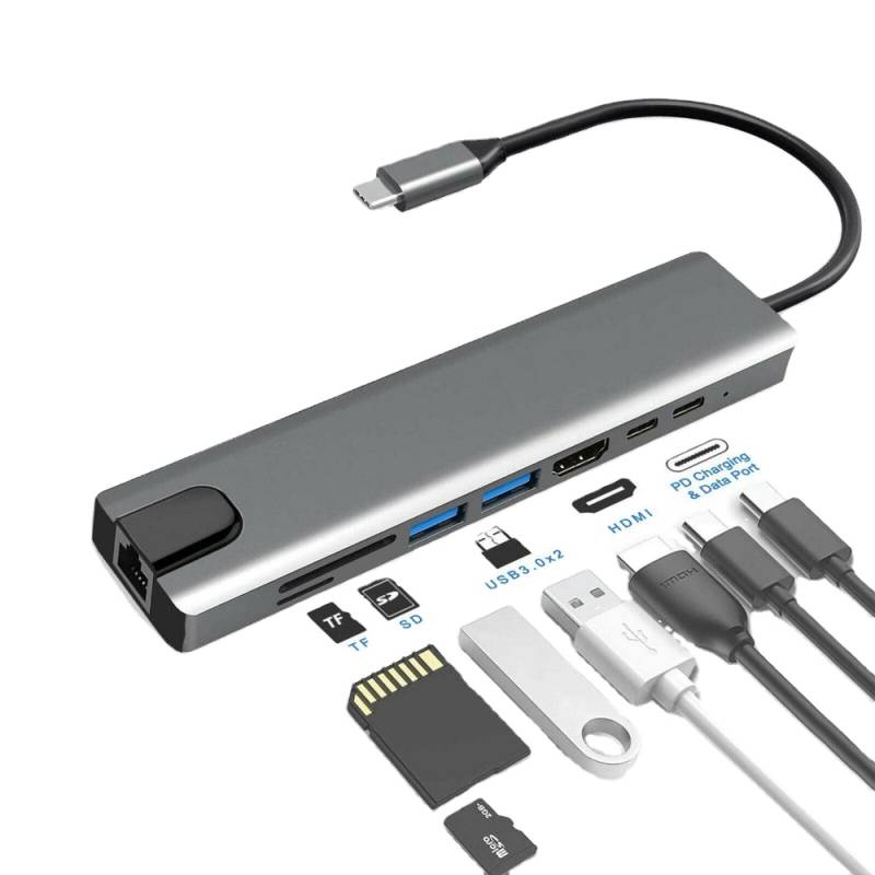 Hub 8 en 1 de tipo C a HDMI VGA RJ45 Giga 1000mbos PD USB * 3 