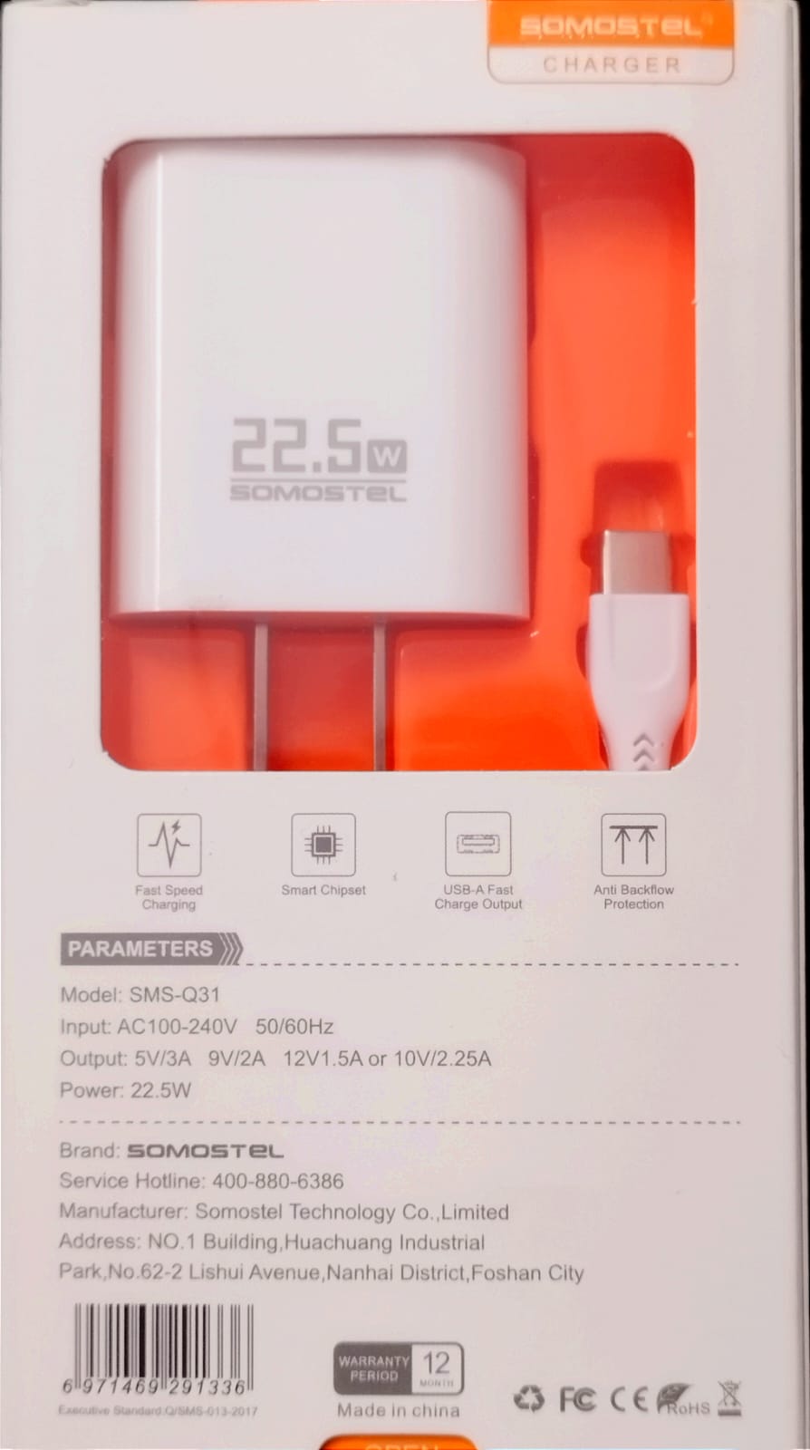 Cargador Carga Rapida 22.5W  QC 3,0 Phone charger Tipo C Somostel